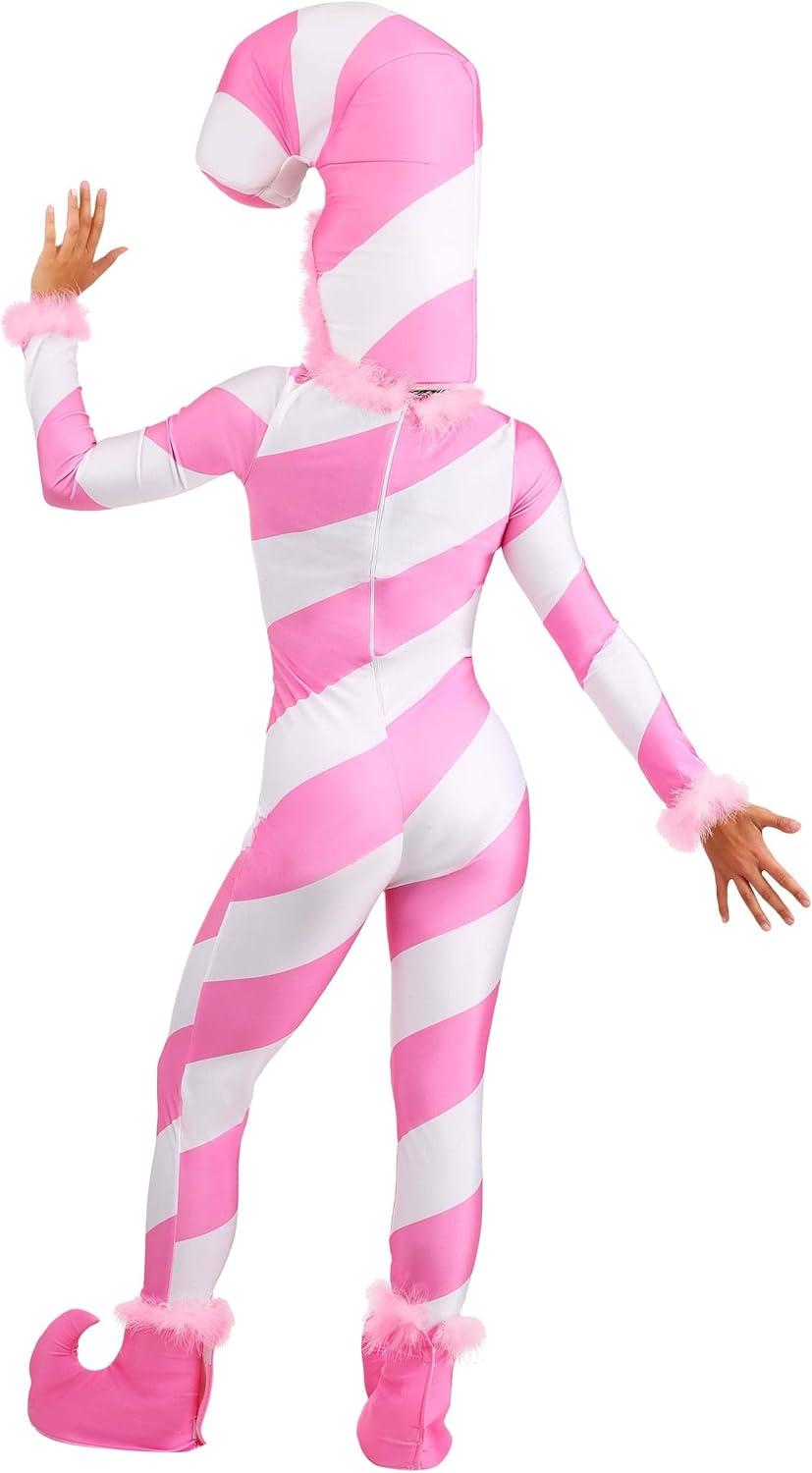 image:imageFun Costumes Pink Candy Cane Costume for Women Stretch Jumpsuit wHeadpiece Back Zipper amp Elastic Foam Boot Covers