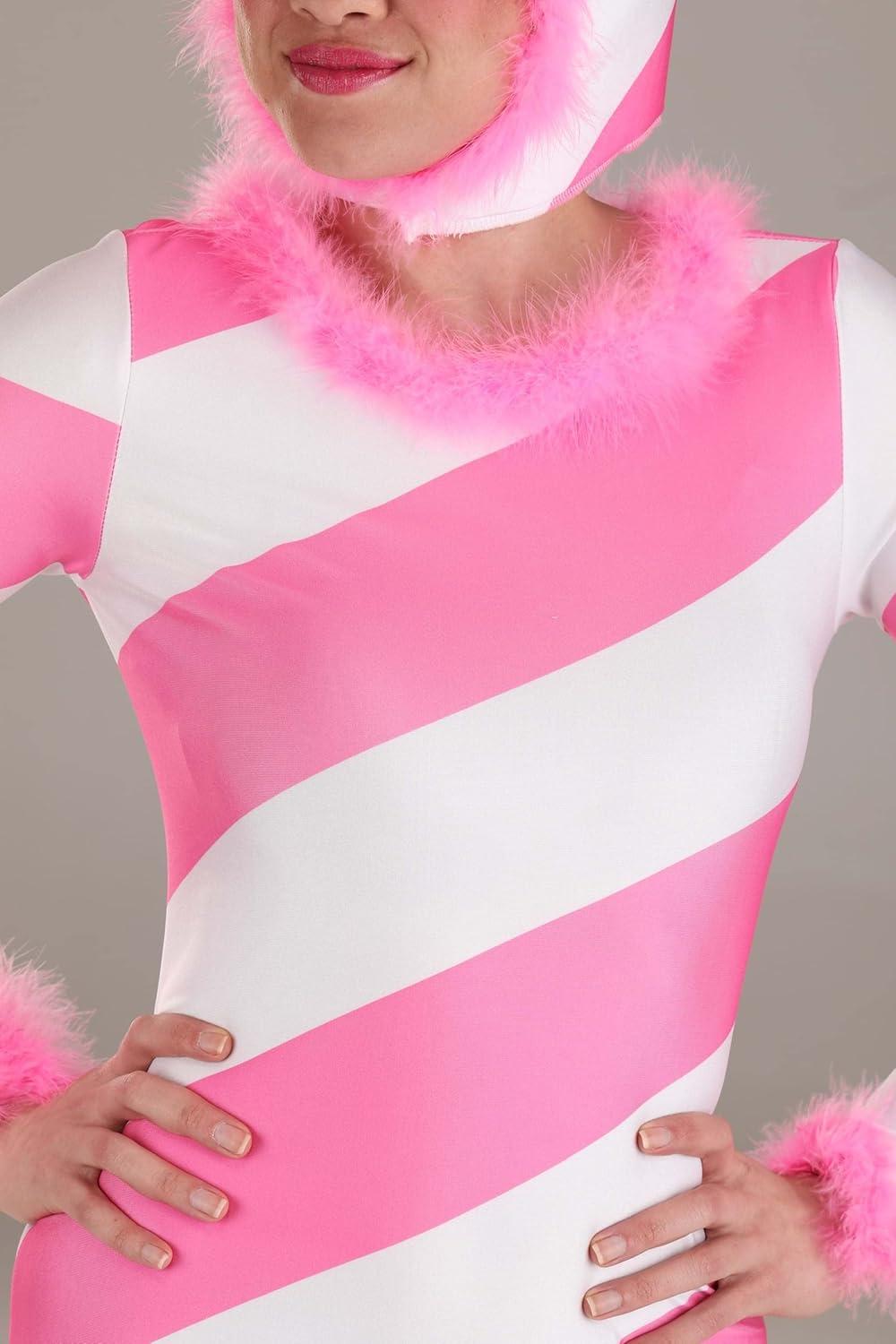 image:imageFun Costumes Pink Candy Cane Costume for Women Stretch Jumpsuit wHeadpiece Back Zipper amp Elastic Foam Boot Covers