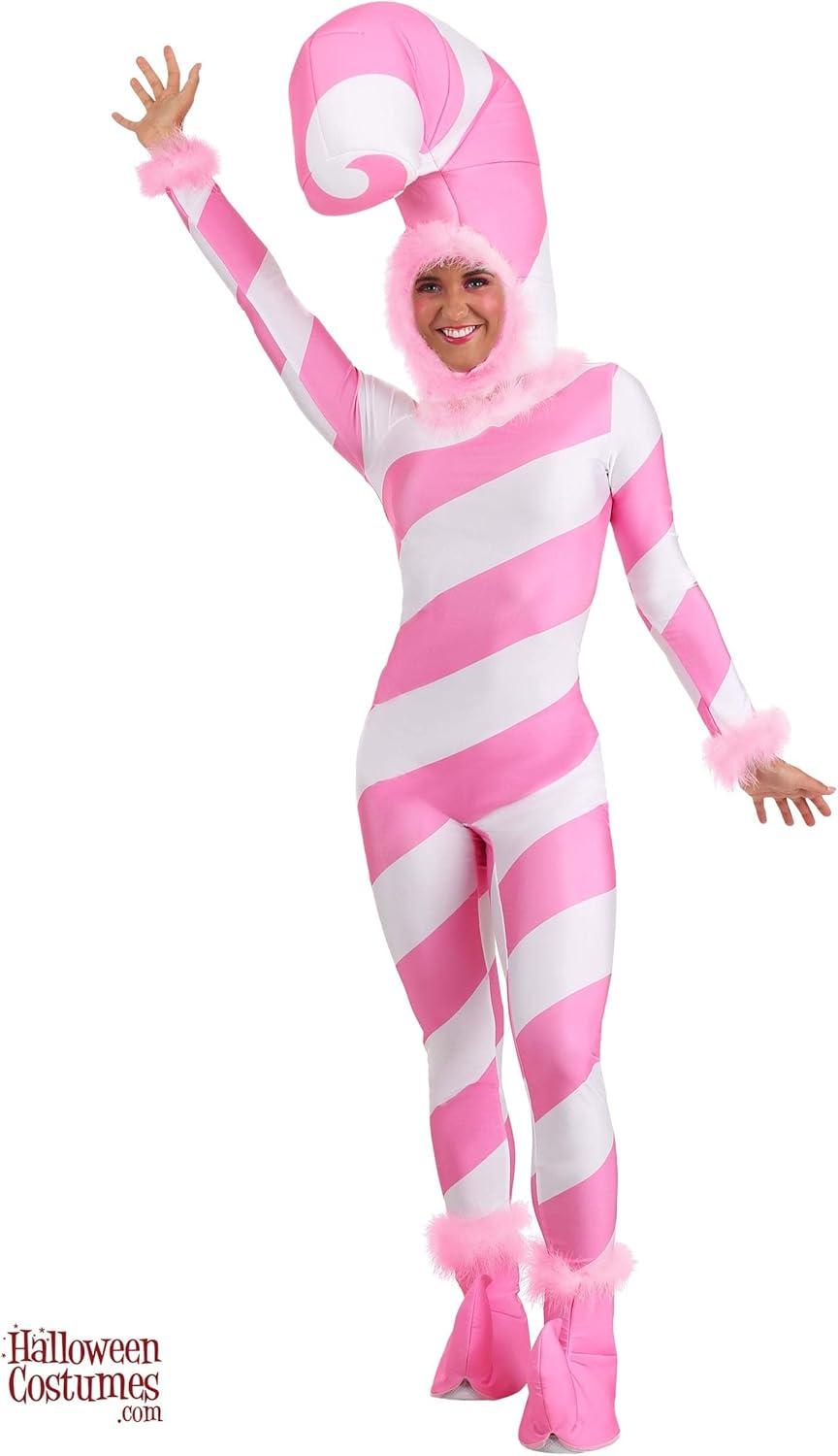 image:imageFun Costumes Pink Candy Cane Costume for Women Stretch Jumpsuit wHeadpiece Back Zipper amp Elastic Foam Boot Covers