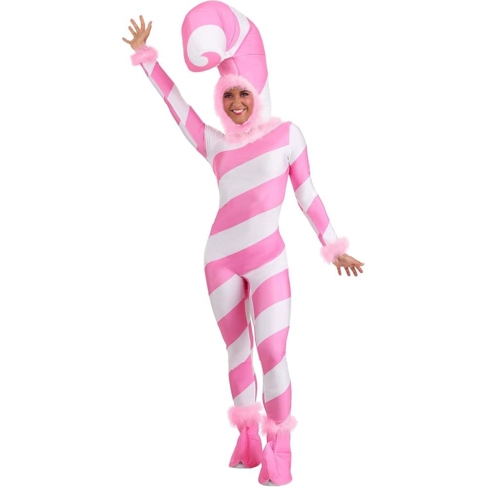 image:imageFun Costumes Pink Candy Cane Costume for Women  Stretch Jumpsuit wHeadpiece Back Zipper amp Elastic Foam Boot Covers