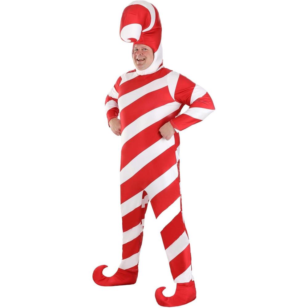 image:imagePlus Size Adult Red Candy Cane Bodysuit Costume  Festive Christmas Holiday Jumpsuit with Hood and Boot Covers