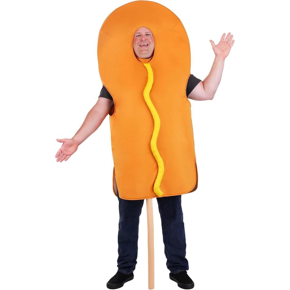 image:imagePlus Size Corndog Costume for Adults Includes Tunic with Mustard Detail and Faux Stick  Funny Food Halloween Outfit
