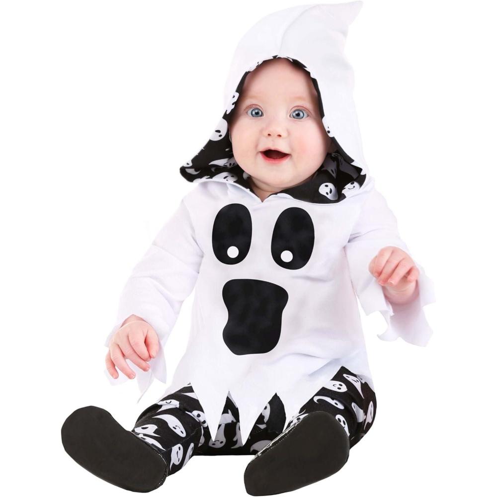 image:imageSpirited Infant Ghost Costume  Tunic amp Hood with Printed Face  Baby Halloween Dressup Fun