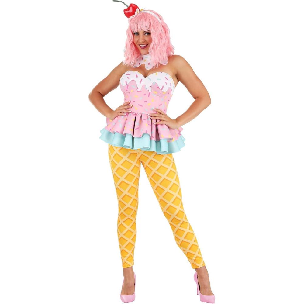 image:imageSweet Treat Ice Cream Costume for Women Ice Cream Cone Costume with Sprinkles Top Leggings Choker amp Headband