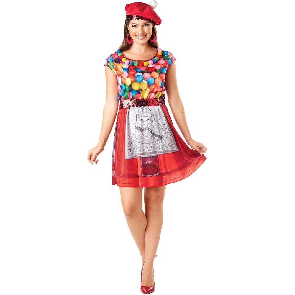 image:imageWomens Gumball Machine Costume Adult Polyester Dress with Multicolored Gumballs Print
