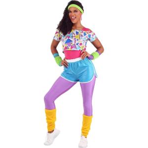 80s Retro Workout Aerobics Costume Set – Leotard, Crop Top, Leggings, Shorts, Headband, Wristbands