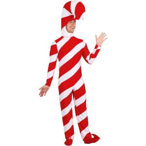 Adult Red Candy Cane Christmas Costume – Stretch Knit Jumpsuit with Stuffed Hood, Zipper Closure, and Elastic Shoe Covers