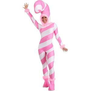 Fun Costumes Pink Candy Cane Costume for Women – Stretch Jumpsuit w/Headpiece, Back Zipper, & Elastic Foam Boot Covers