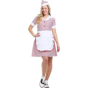 Women’s 50’s Retro Car Hop Costume with Dress, Apron & Hat – 1950s Diner Sock Hop Halloween Outfit for Adults