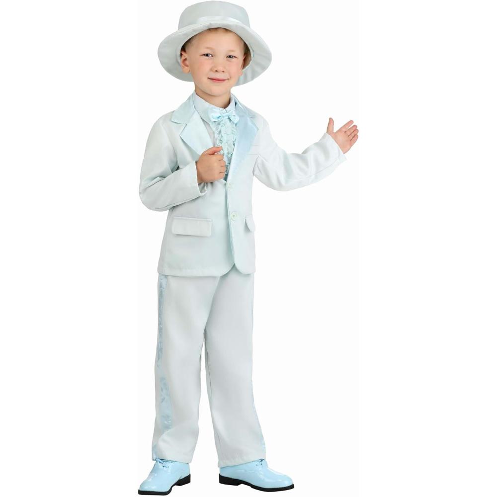 image:imageToddler Blue Tuxedo Costume  Matching Suit Set With Jacket Pants Ruffled Shirt Front With Bow Tie And Hat