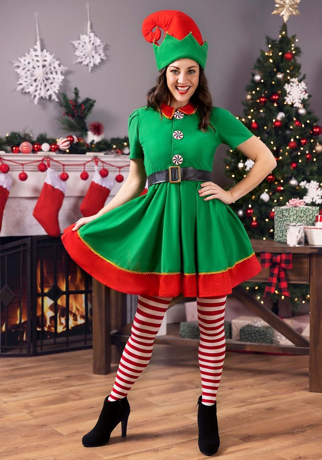 image:imageAdult Holiday Elf Costume Womens Elf Outfit with Elf Dress Hat and Belt Christmas Costume for WomenBundle W Tights