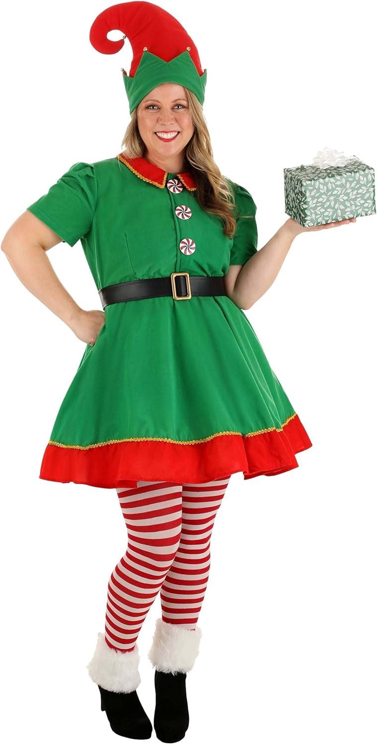 image:imageAdult Holiday Elf Costume Womens Elf Outfit with Elf Dress Hat and Belt Christmas Costume for WomenBundle W Tights