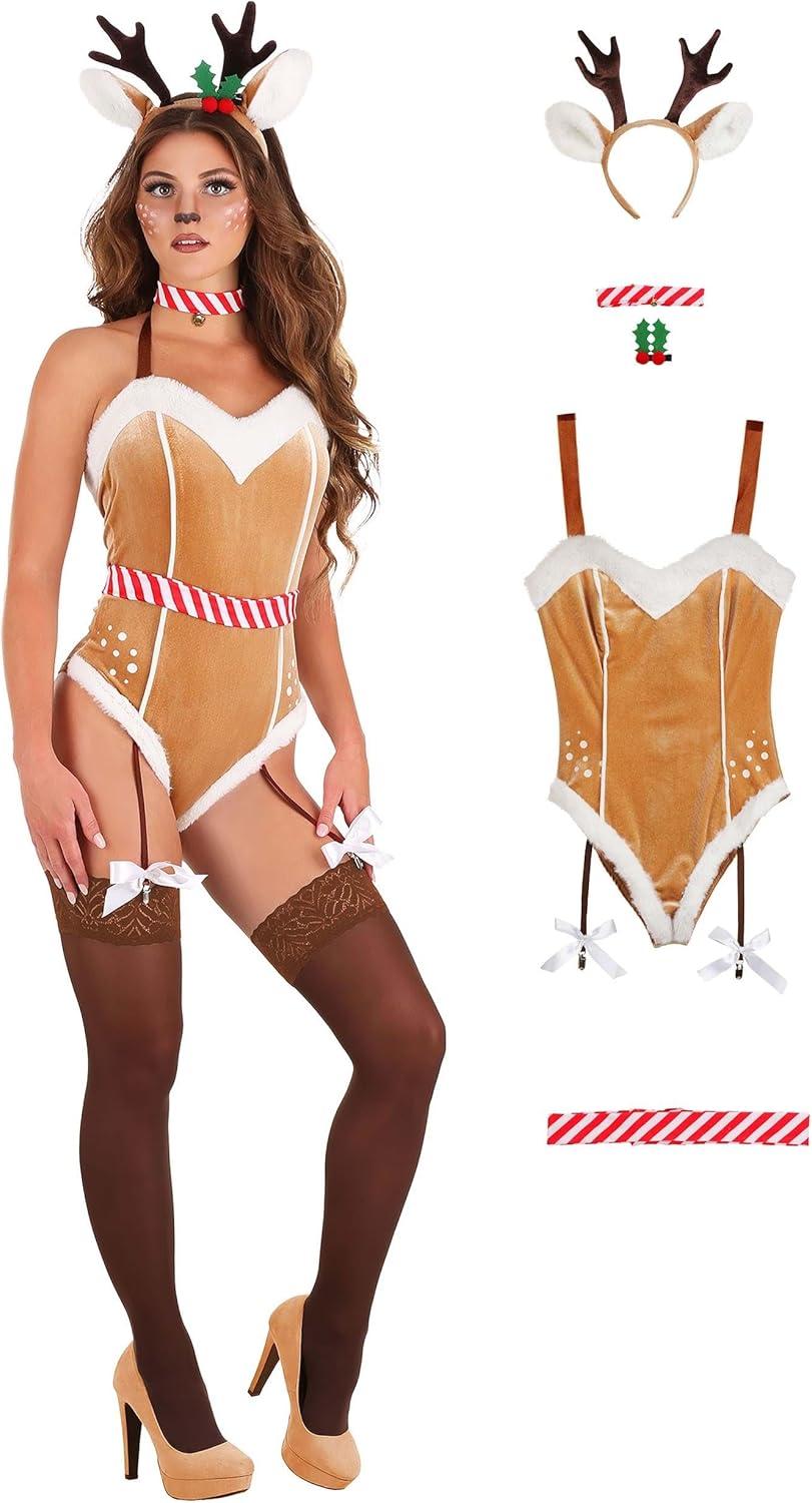 image:imageWomens Alluring Reindeer Costume Velvet Bodysuit with Faux Fur Trim Wired Antlers Sculpted Ears and Adjustable BeltBundle W Makeup Kit