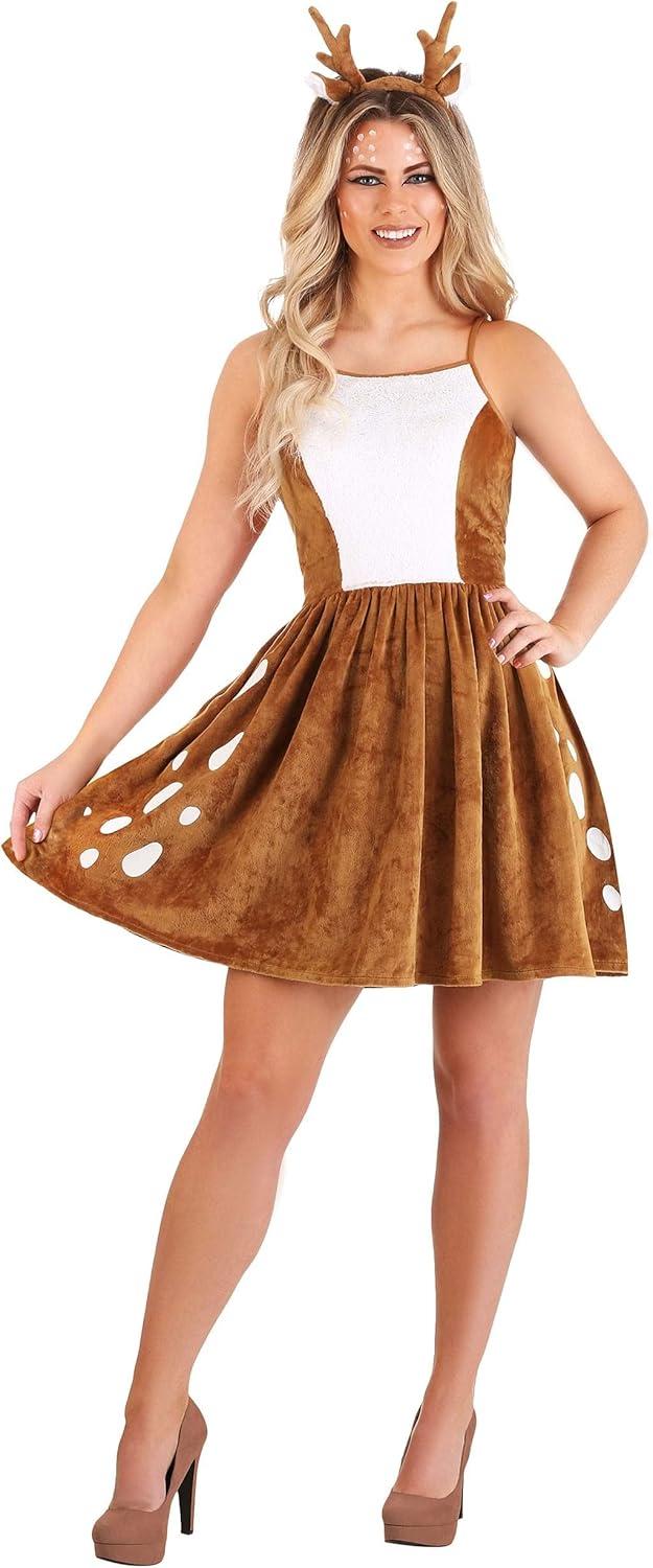 image:imageWomens Dazzling Deer Halloween Costume Complete Outfit with Velvet Dress amp Antler Headband Holiday Costumes