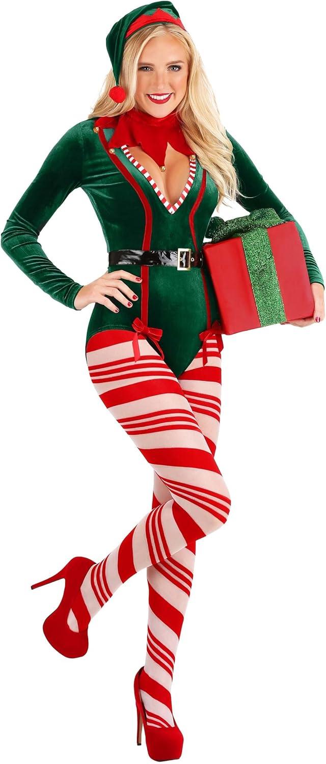 image:imageWomens Santa Elf Costume Sexy Christmas Jingle Bell Elf Bodysuit for Women Naughty Santas Helper