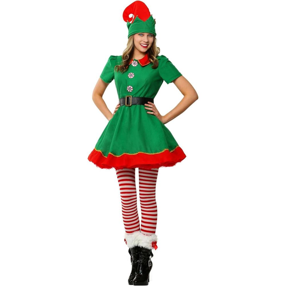 image:imageAdult Holiday Elf Costume Womens Elf Outfit with Elf Dress Hat and Belt Christmas Costume for WomenBundle W Tights