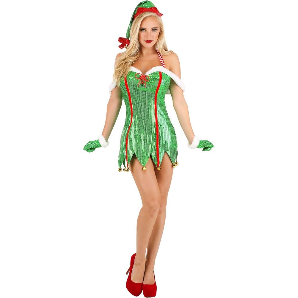 image:imageSexy Green Glitter Elf Costume for Women Festive Christmas Outfit with Hat