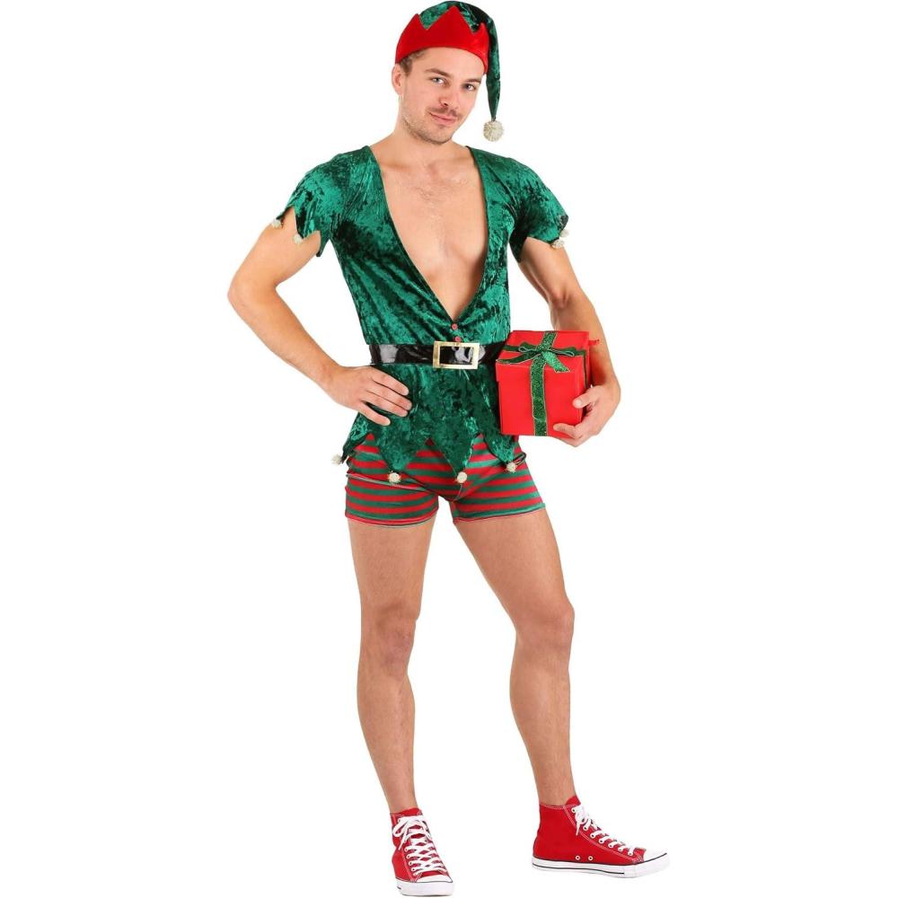 image:imageSexy Mens Elf Christmas Costume  Velvet Tunic Striped Shorts Hat and Belt