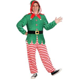 Adult Christmas Elf Costume | Soft Velour Jumpsuit, Peppermint Buttons, Festive Hood | Traditional Holiday Outfit(Green)