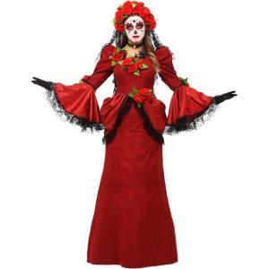 Women’s Day of the Dead Costume – Red Faux Suede Dress with Rose Headpiece and Choker