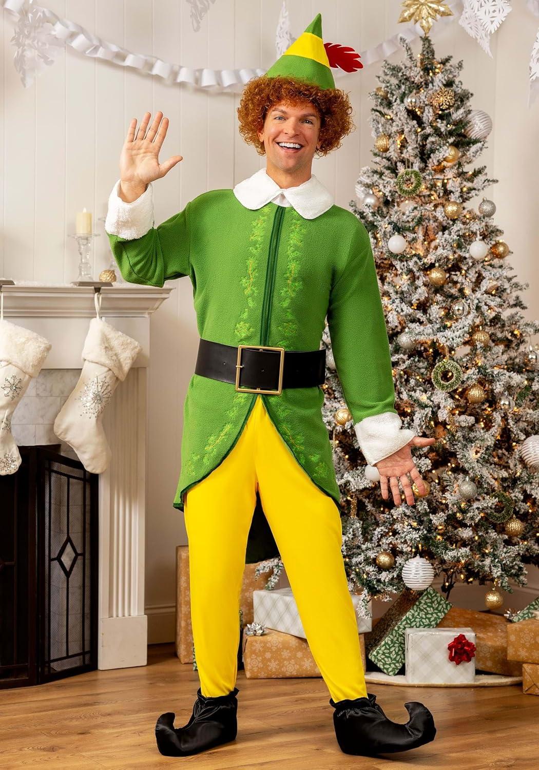 image:imageBuddy The Elf Costume for Men 4 Pc Christmas Elf Costume with Hat amp Belt Adult Holiday Elf Cosplay Suit