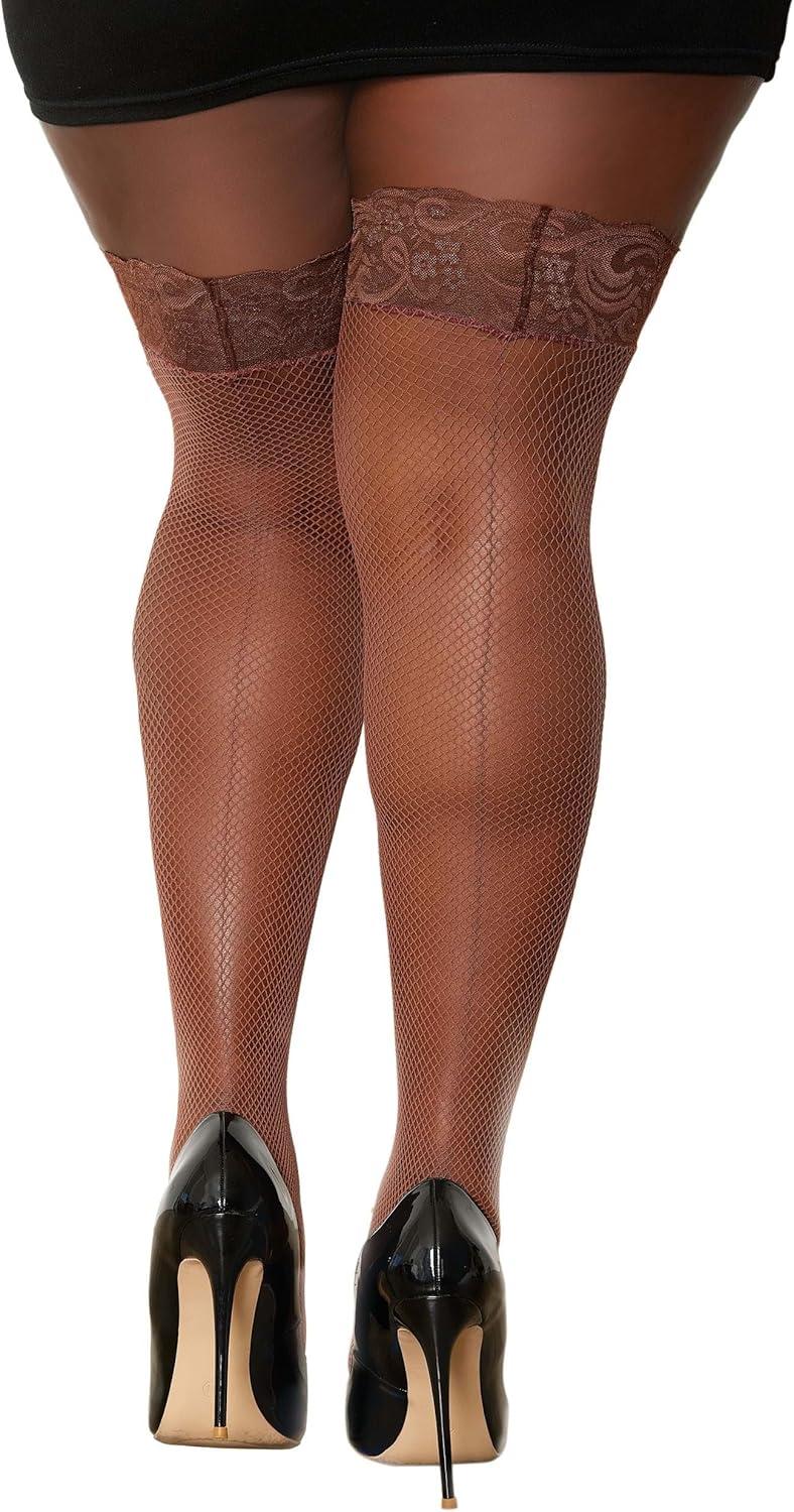 image:imageDreamgirl Womens Fishnet Thigh High Stockings with Silicone Lace Top and Back SeamEspresso