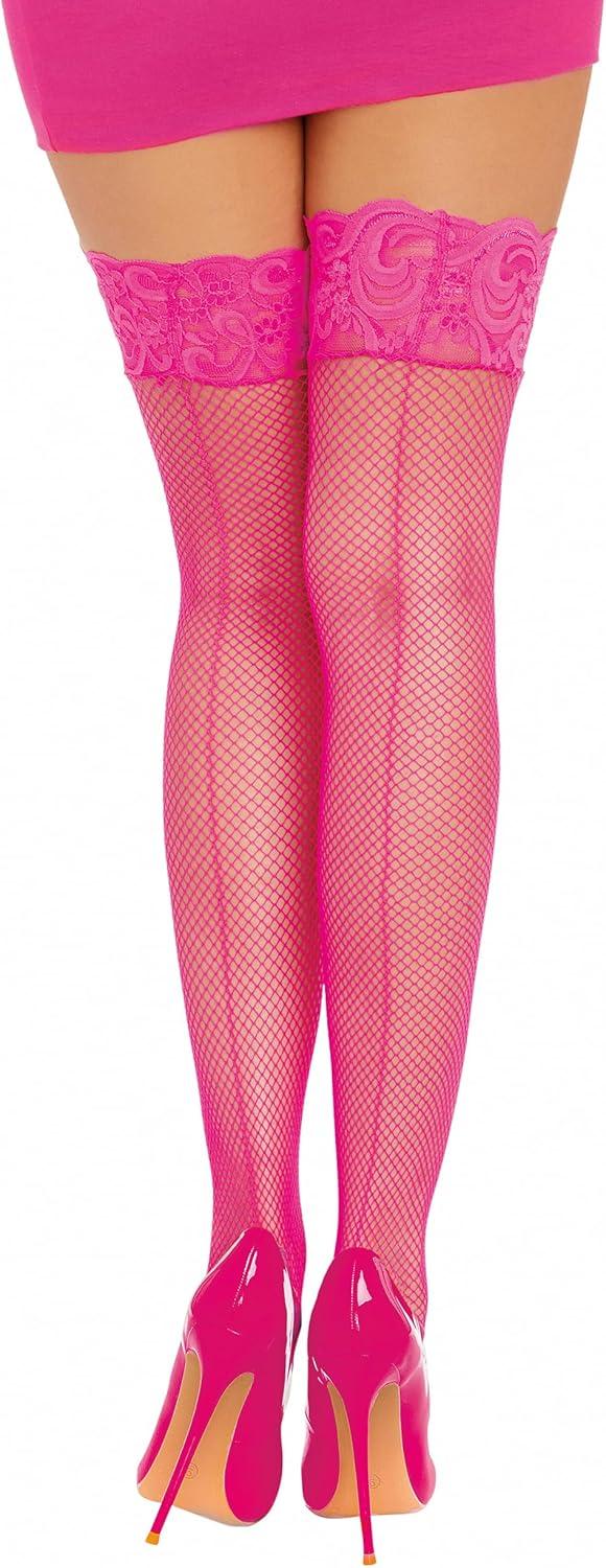 image:imageDreamgirl Womens Fishnet Thigh High Stockings with Silicone Lace Top and Back SeamNeon Pink