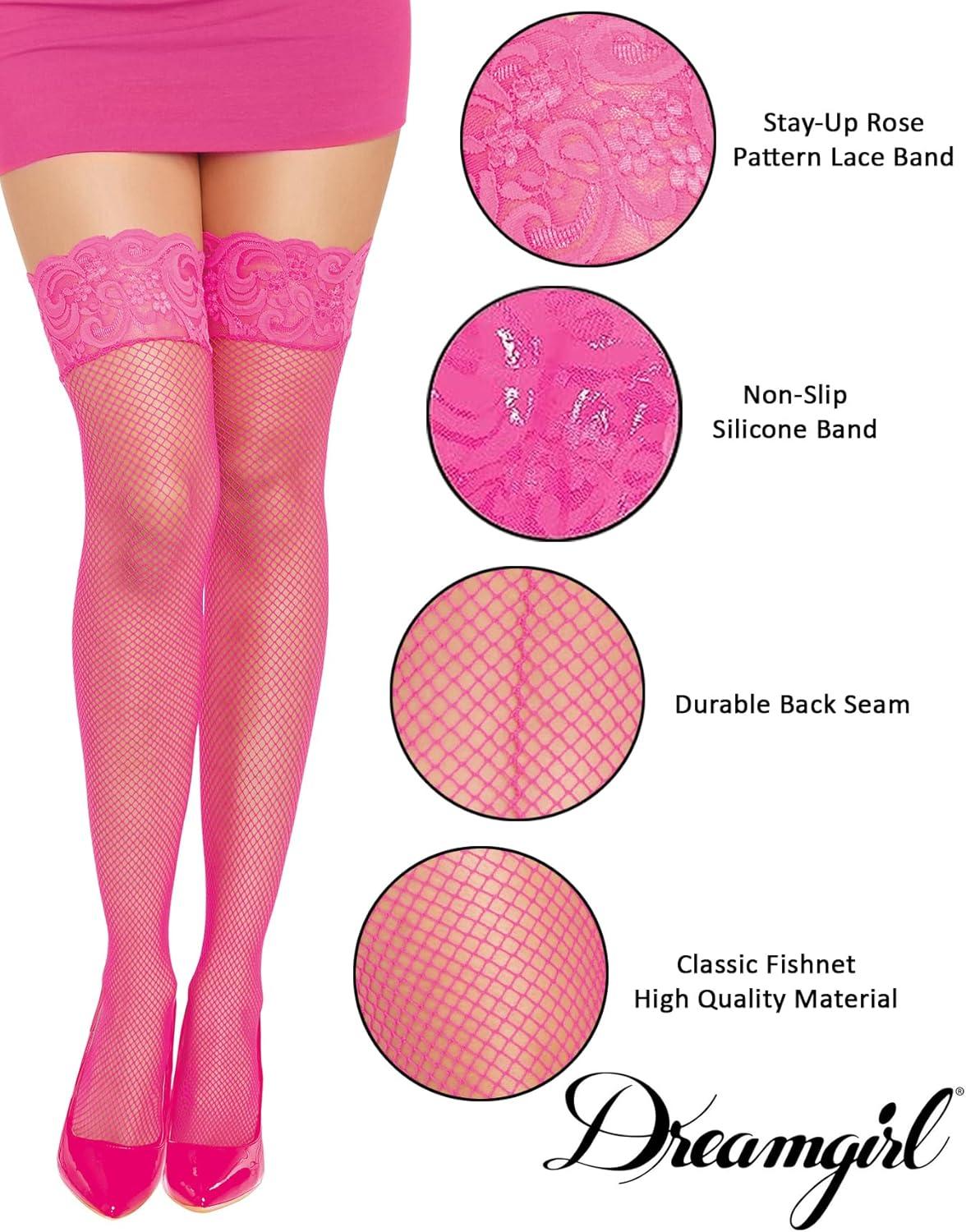 image:imageDreamgirl Womens Fishnet Thigh High Stockings with Silicone Lace Top and Back SeamNeon Pink