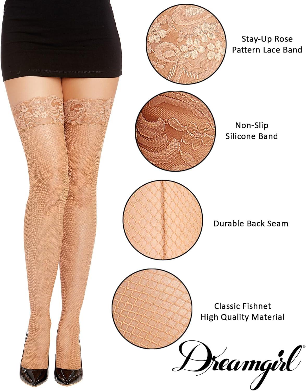 image:imageDreamgirl Womens Fishnet Thigh High Stockings with Silicone Lace Top and Back SeamNude