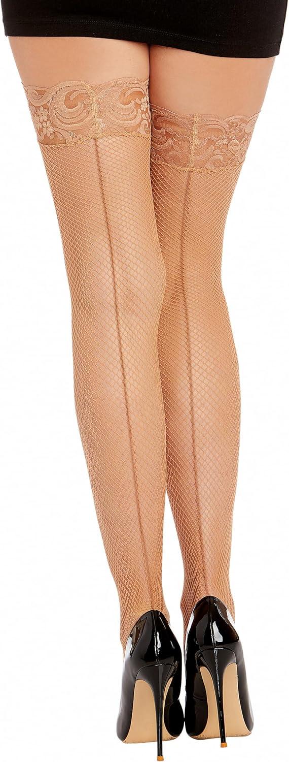 image:imageDreamgirl Womens Fishnet Thigh High Stockings with Silicone Lace Top and Back SeamNude