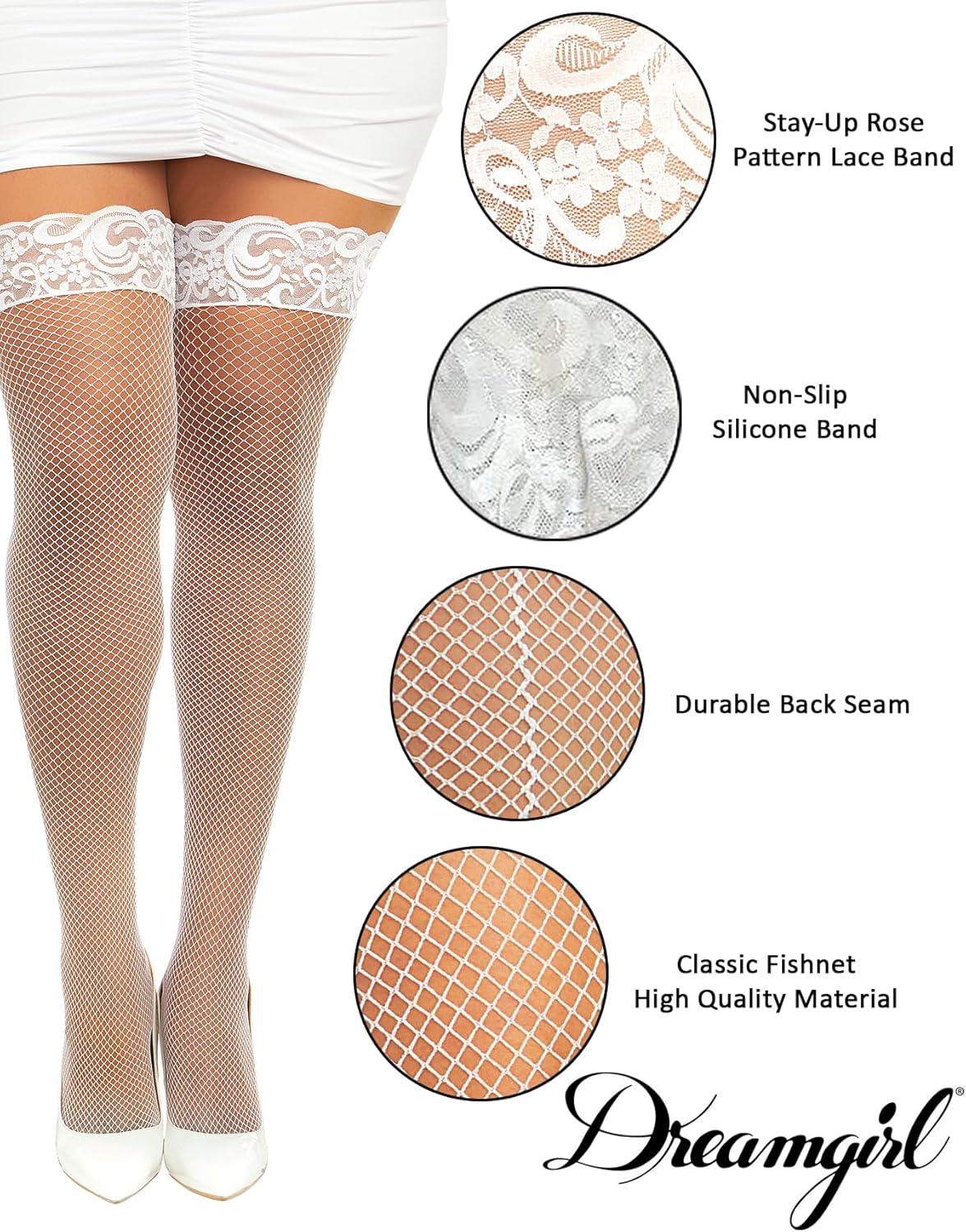 image:imageDreamgirl Womens Fishnet Thigh High Stockings with Silicone Lace Top and Back SeamWhite