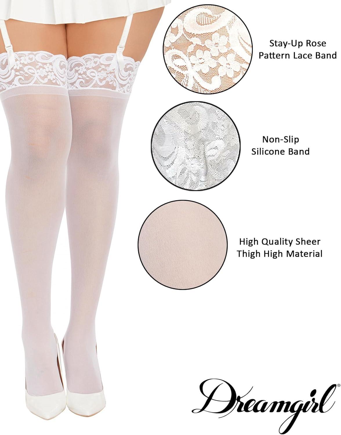image:imageDreamgirl Womens Sheer Thigh High Pantyhose Hosiery Nylons Stockings with Comfort Lace Top AntiSlip Silicone Elastic BandWhite