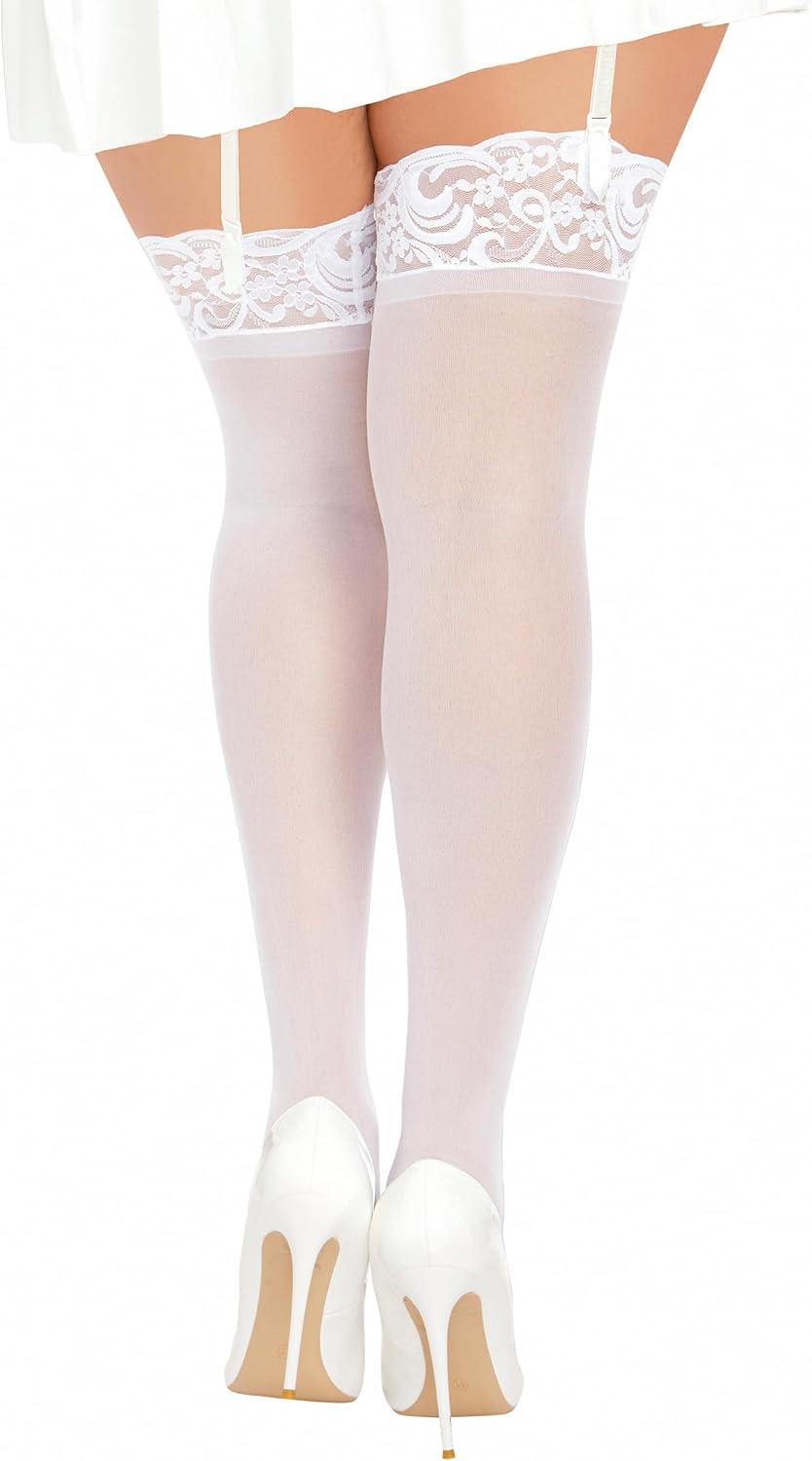 image:imageDreamgirl Womens Sheer Thigh High Pantyhose Hosiery Nylons Stockings with Comfort Lace Top AntiSlip Silicone Elastic BandWhite