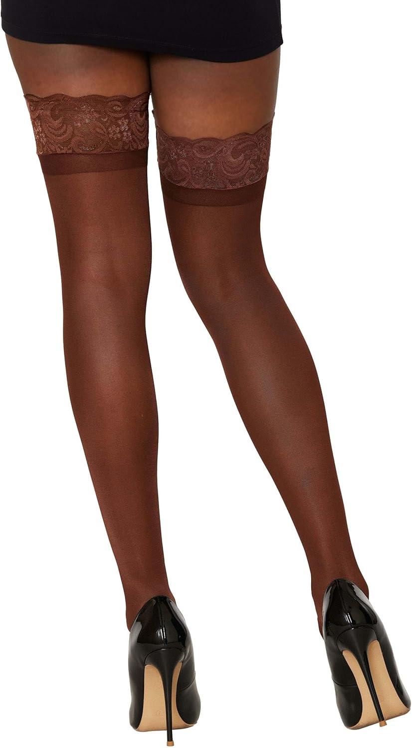 image:imageDreamgirl Womens Sheer Thigh High Pantyhose Hosiery Stockings with NonSlip Silicone Lace Top Stay Up Rose Pattern Lace Band and Quality Sheer Material One Size 1PC Espresso