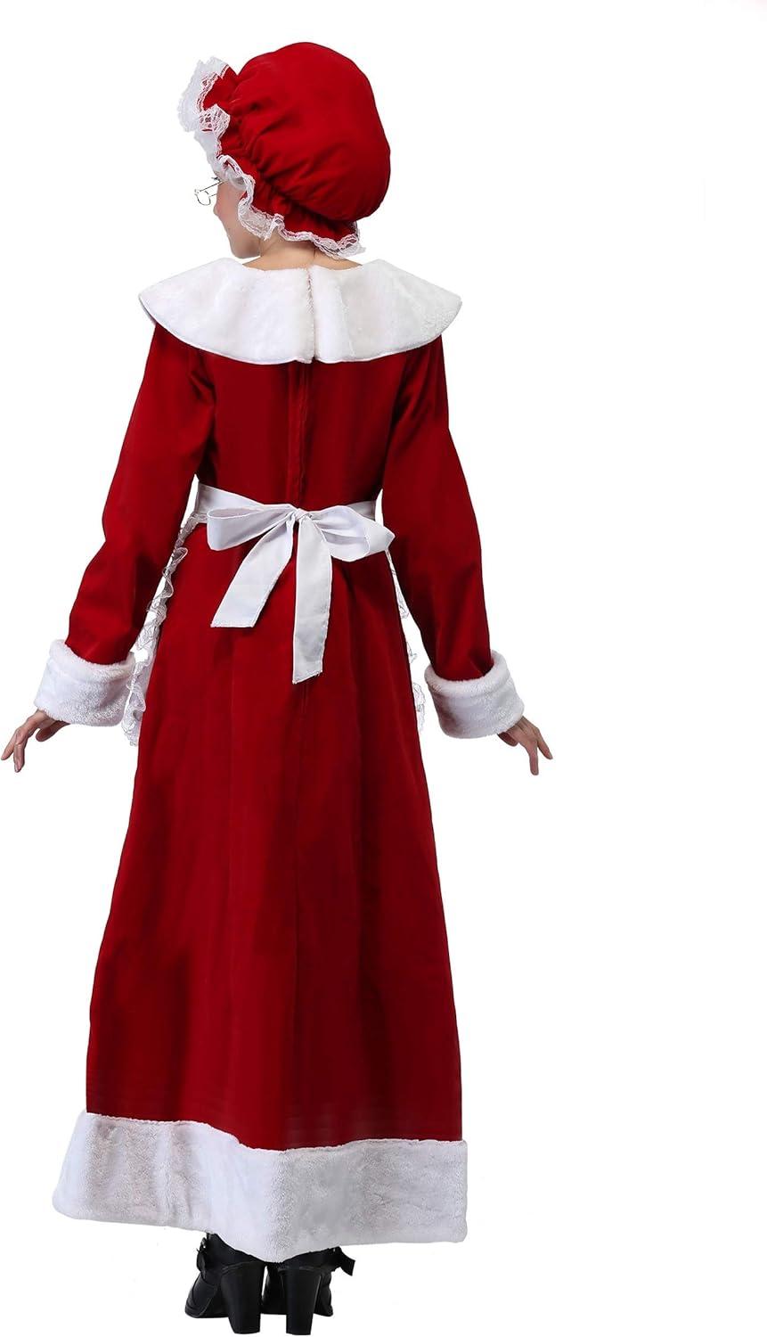 image:imageGirls Mrs Claus Costume Red Dress with Faux Fur Trim LaceAccented Apron and Elastic Bonnet for Festive Charm