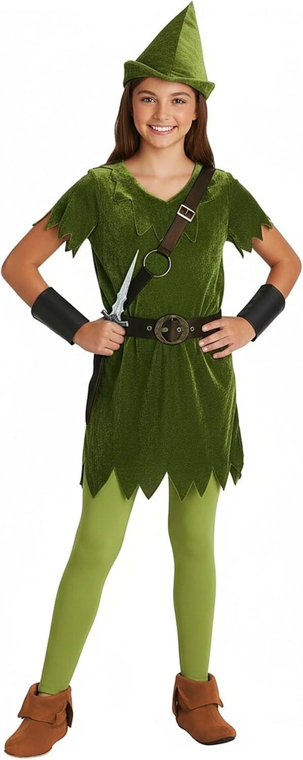 image:imageKids Peter Pan Costume with Hat Shirt Tights BeltHarness and Wrist CuffsBundle W Toy Dagger
