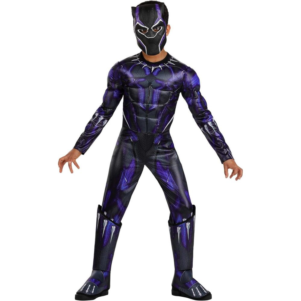 image:imageBoys Deluxe Battle Black Panther Costume Padded Jumpsuit Mask and Shoe Covers for Superhero Dress Up
