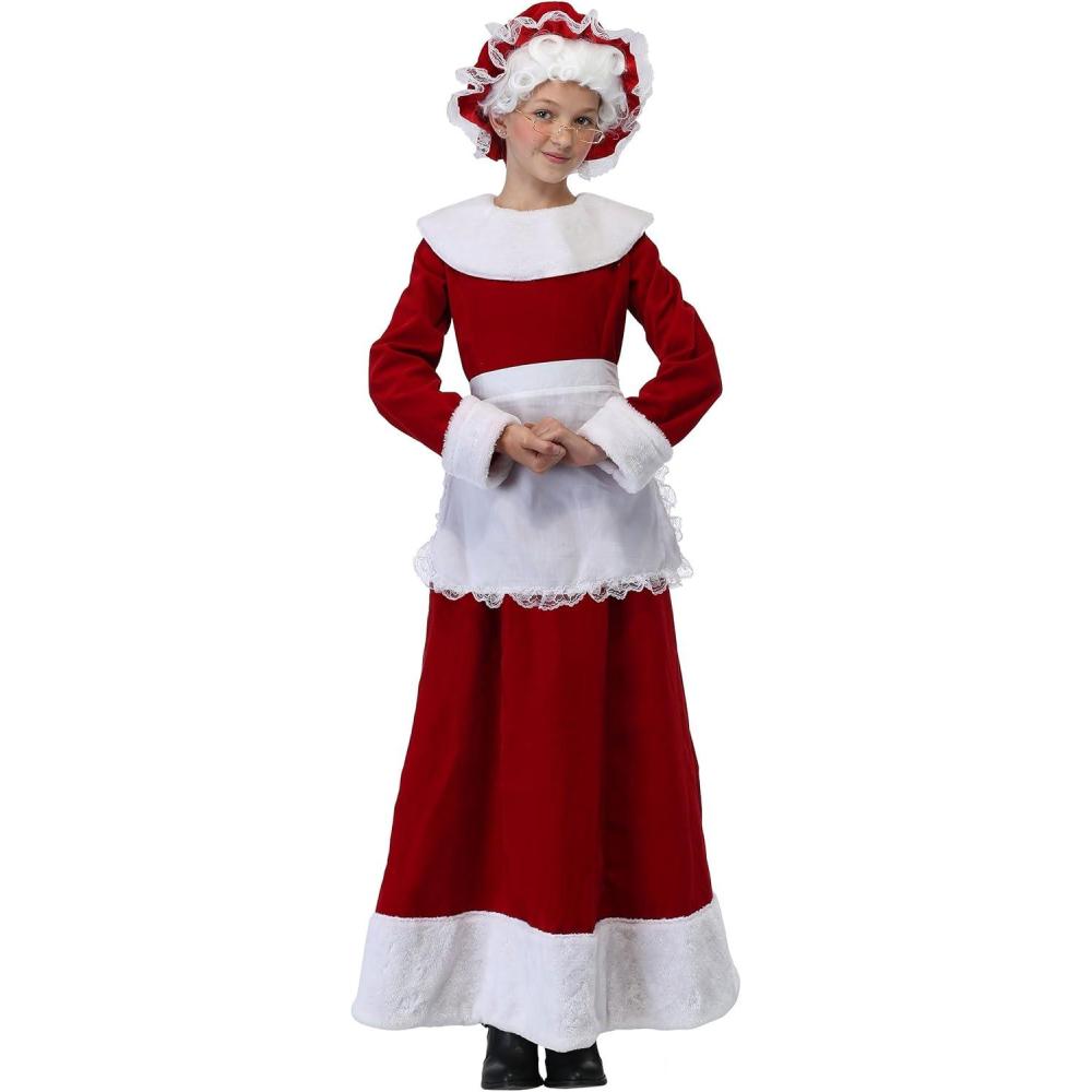 image:imageGirls Mrs Claus Costume Red Dress with Faux Fur Trim LaceAccented Apron and Elastic Bonnet for Festive Charm