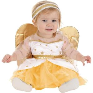 Baby Angel Costume for Infants, Satin Dress with Glitter Star Tulle and Gold Lame Wings