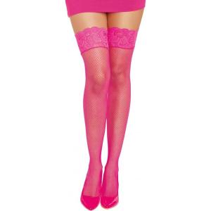 Dreamgirl Womens Fishnet Thigh High Stockings with Silicone Lace Top and Back Seam(Neon Pink)