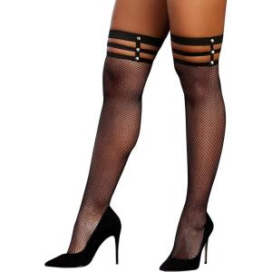 Dreamgirl Women’s Fishnet Thigh High Stockings with Strappy Elastic Top Sockshosiery, black, One Size(Black)