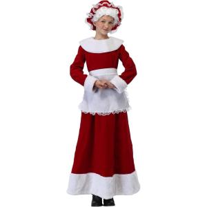 Girls Mrs. Claus Costume – Red Dress with Faux Fur Trim, Lace-Accented Apron, and Elastic Bonnet for Festive Charm