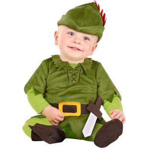 Peter Pan Baby Costume – Green Tunic Jumpsuit, Hat, Booties, Sword for Infant Adventures to Neverland