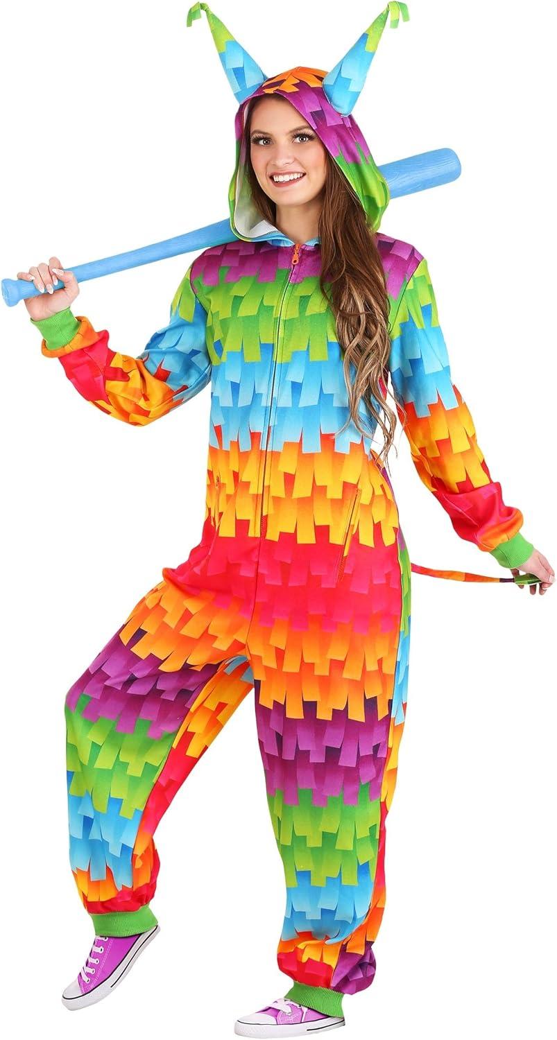 image:imageAdult Party Pinata Costume jumpsuit Multicolored Minky Fabric with Hood and Fiberfill Horns