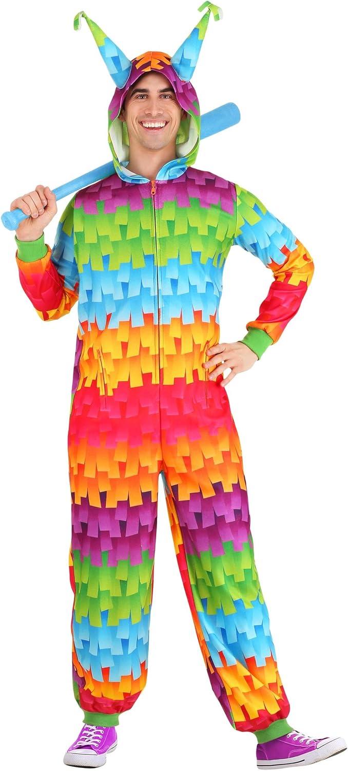 image:imageAdult Party Pinata Costume jumpsuit Multicolored Minky Fabric with Hood and Fiberfill Horns