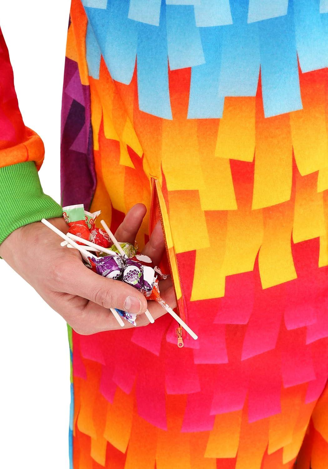 image:imageAdult Party Pinata Costume jumpsuit Multicolored Minky Fabric with Hood and Fiberfill Horns