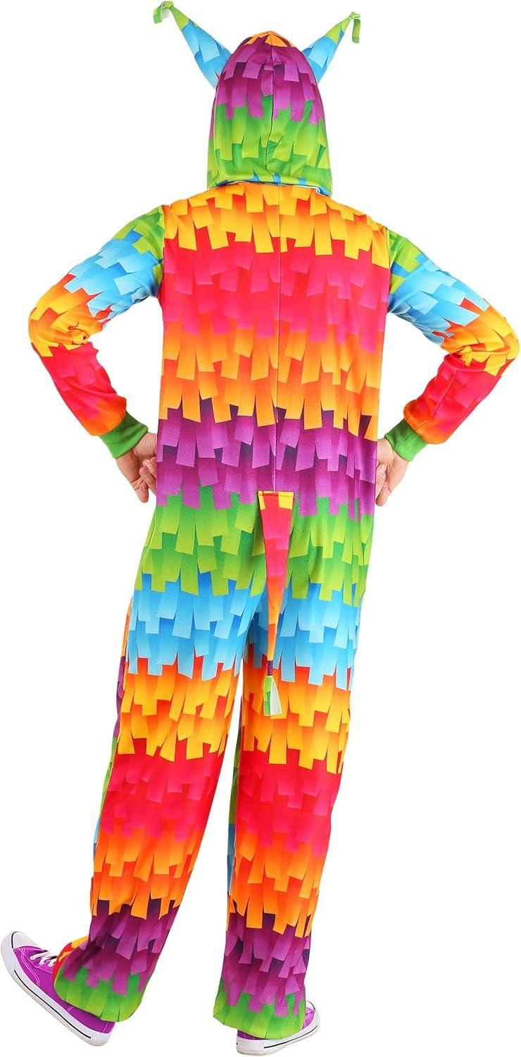 image:imageAdult Party Pinata Costume jumpsuit Multicolored Minky Fabric with Hood and Fiberfill Horns