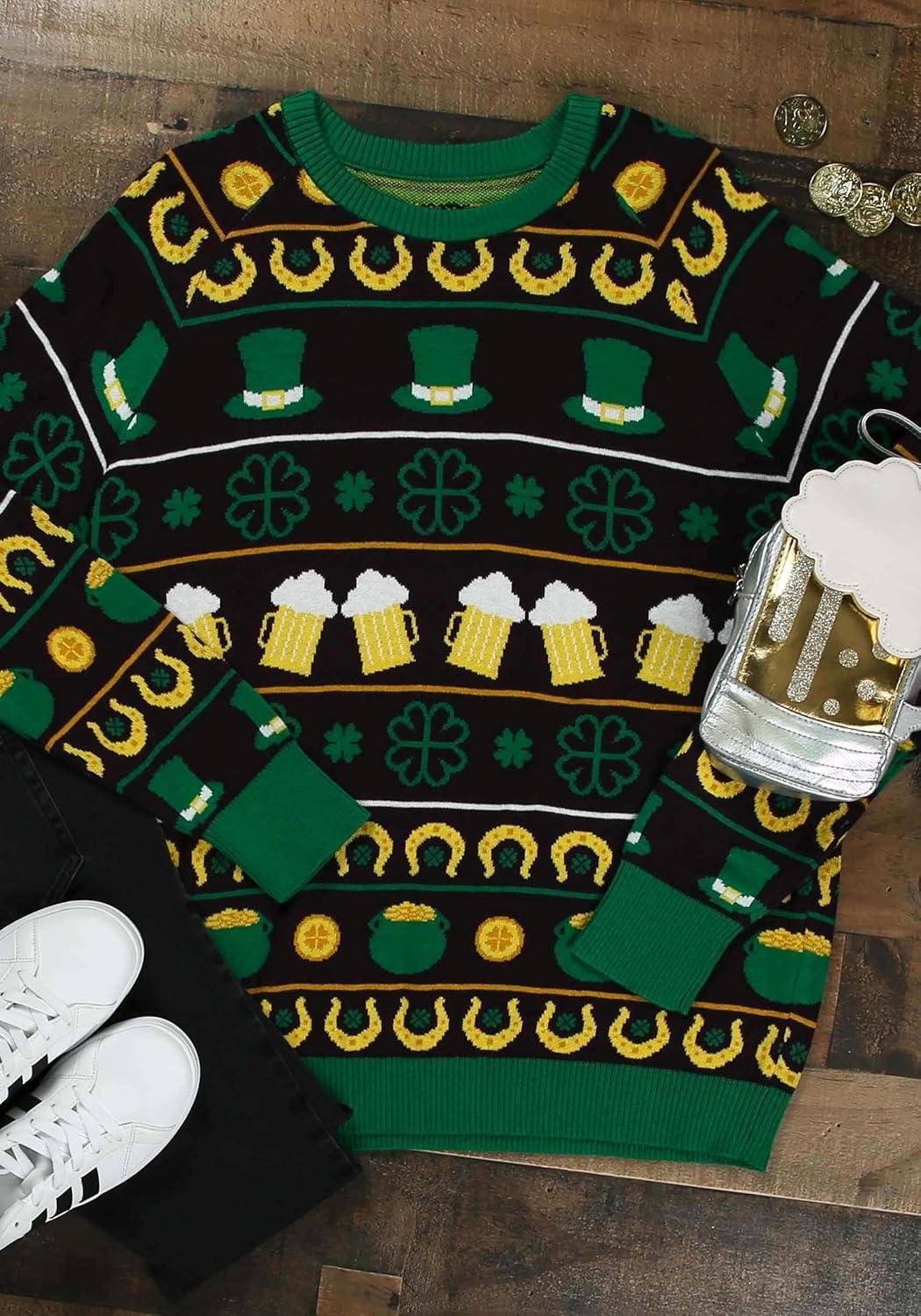 image:imageSt Patricks Day Fair Isle Ugly Sweater for Adults Funny Shamrock Clover Sweatshirt for Saint Pattys PartyBlack gold kelly Green
