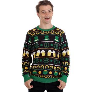 St. Patrick’s Day Fair Isle Ugly Sweater for Adults, Funny Shamrock Clover Sweatshirt for Saint Patty’s Party(Black gold kelly Green)