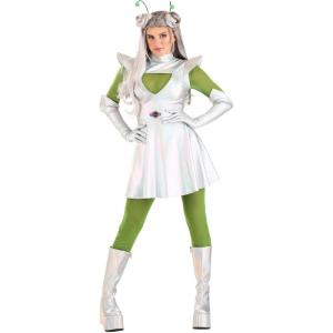 Fun Costumes Women’s Retro Outer Space Alien Costume Dress – Includes Green Under Shirt, Leggings, Antennae & Gloves